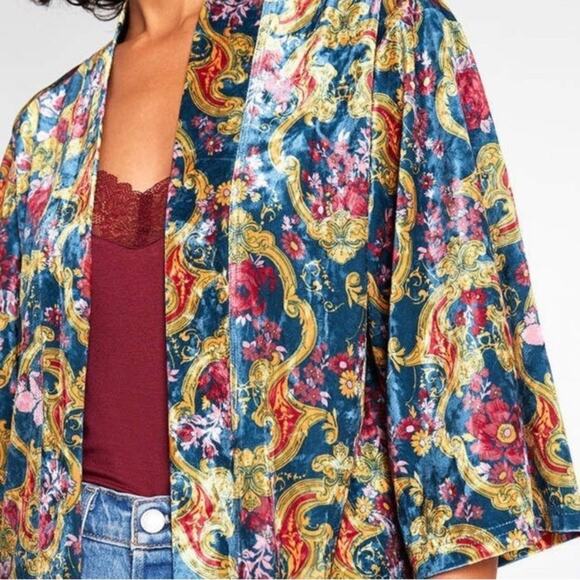 ModCloth | Layer For Keeps Velvet Kimono Duster Floral Bohemian Blue Yellow S/M - Picture 2 of 9